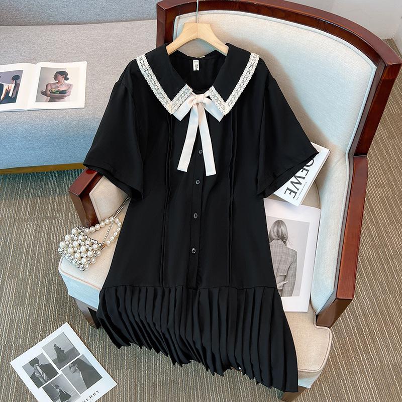 

Plus Size Women s Pleated Dress with Doll Collar and Tie Hem (Model MD2588) 5XL чёрный