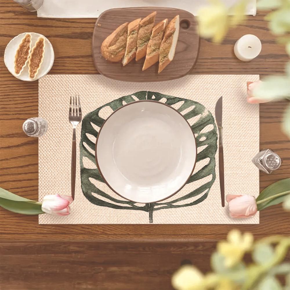 Monstera Design Linen Placemat Heat Resistant Dining Table Mats for Plant Lovers Horticultural Theme Tableware Mats Daily Use