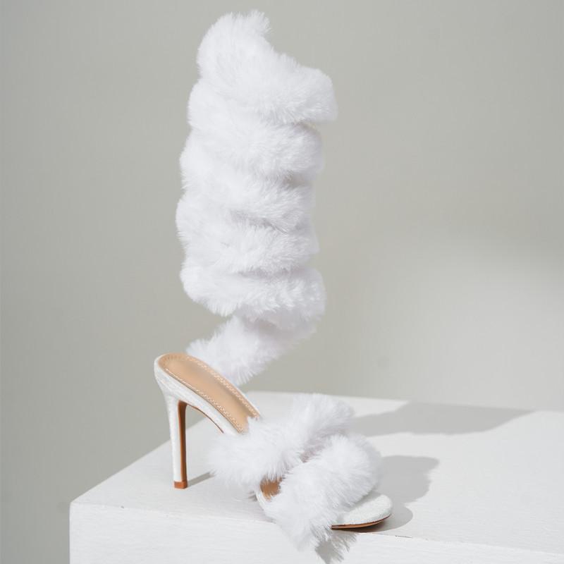 Fashion Fashion Faux Fur Serpentine winding Women Sandals Sexy Ankle Strap High heels Gladiator Sandals Female Banquet Party Pumps Shoes