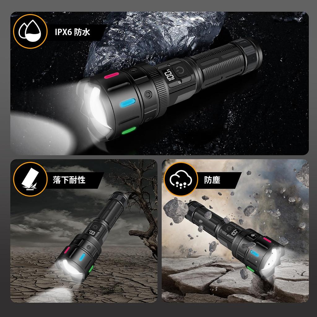 Powerful LED Military Super Handheld Battery Digital Power IP65 5 Dimmable Adjustable Ideal for Emergency Night Power and More Flashlight, Grade,