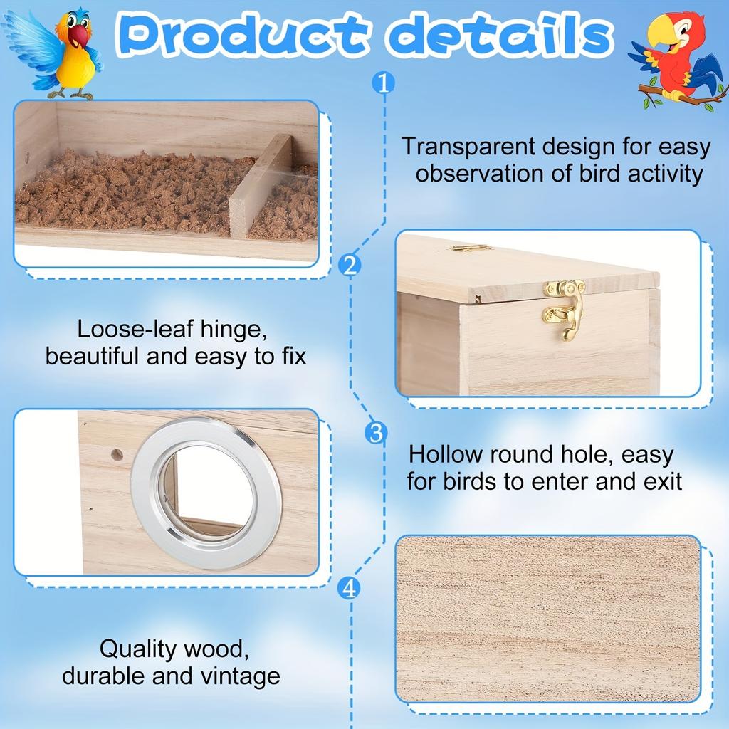 Wooden Bird Breeding Box S/M/L, Clear Acrylic Back, Easy Cleaning. For Parrots & Budgies. Perfect Gift for Bird Lovers!