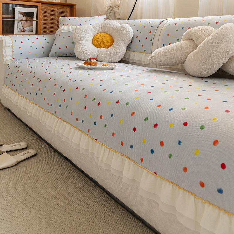 Dopamine Colored Dot Sofa Cushion Chenille Anti Slip And Cat Scratch Sofa Cover With Skirt Edge Comfort Adjustable Dust Cover