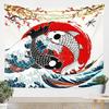 Tapeçaria de Peixe Japonês, Peixe Carpa Tai Chi Preto e Branco Pendurado na Parede Arte para Crianças Adolescentes Mulheres Homens Decoração de Quarto, Ondas do Oceano Ukiyoe
