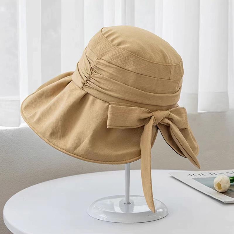 Summer Vinyl Women Fisherman Hat Solid Color Bow Wide Brim Bucket Hats For Ladies Travel Outdoor Sun Protection Cap