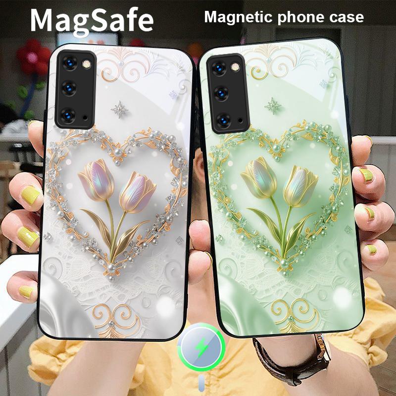 Love's Pink Purple Tulip For Magsafe Samsung S25 S25 Edge S25Ultra S8 9 10 20 S21 Pro 22 Plus S23 FE S24 Ultra Glass Phone Case