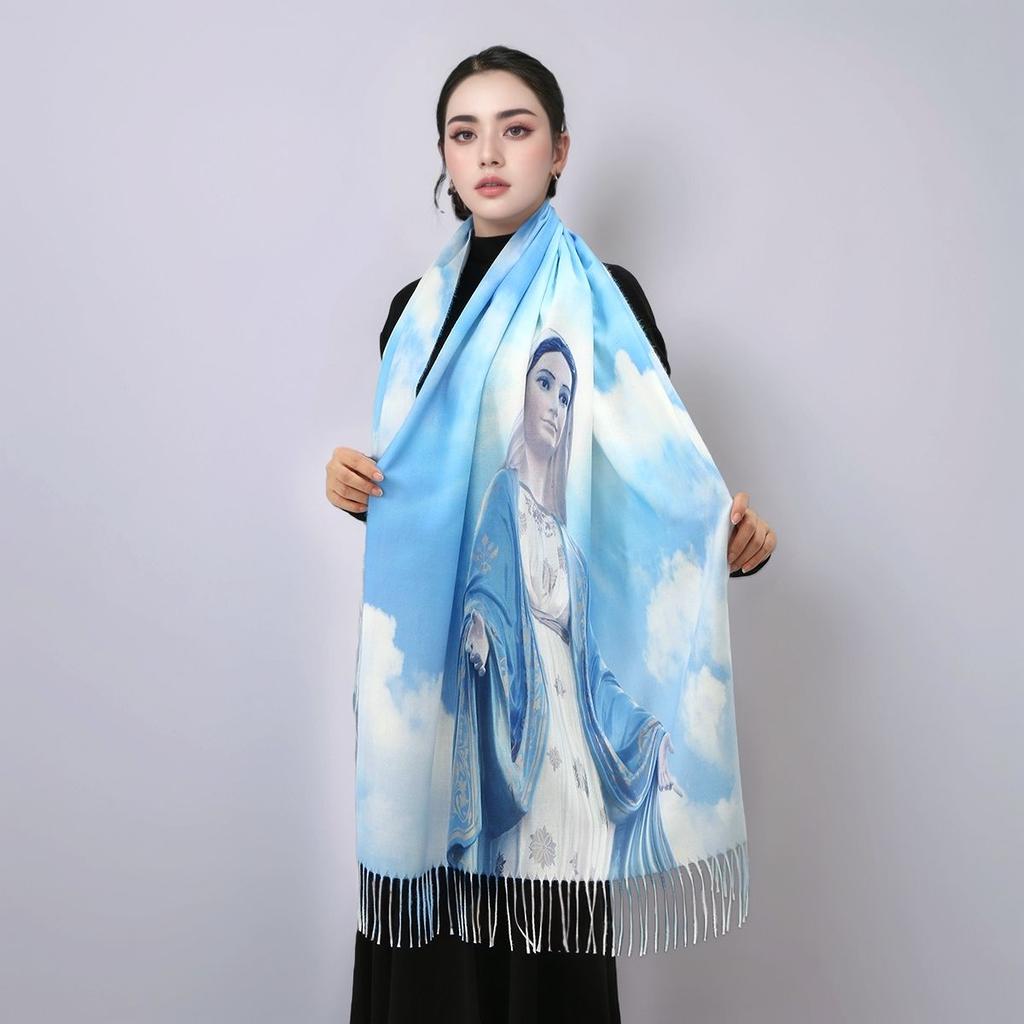 Winter Scarves Catholic Virgin Mary Long Shawl Warm Wrap Tassel Scarf Soft Lady Of Fatima Ladies Custom 180*70Cm