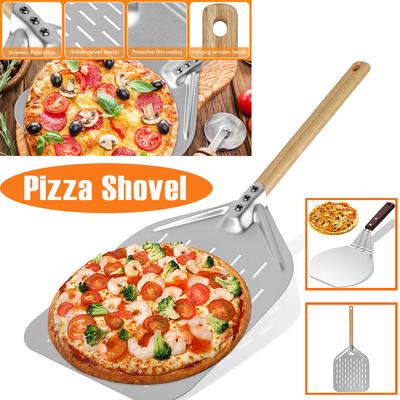 12-Zoll Pizzaheber Aluminiumlegierung Leichtgewichtige Pizzaschaufel Antihaftbeschichtet Perforierte Pizzaschaufel mit Holzgriff für Pizza Brot