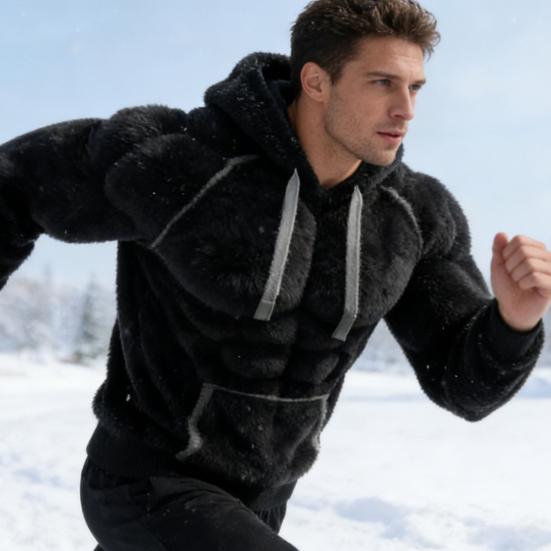 Yousheng Men Muscle Hoodie 3D Pattern Fuzzy Pullover Muscular Long Sleeve Warm Hooded Sweatshirt for Casual Sports Streetwear Fashion