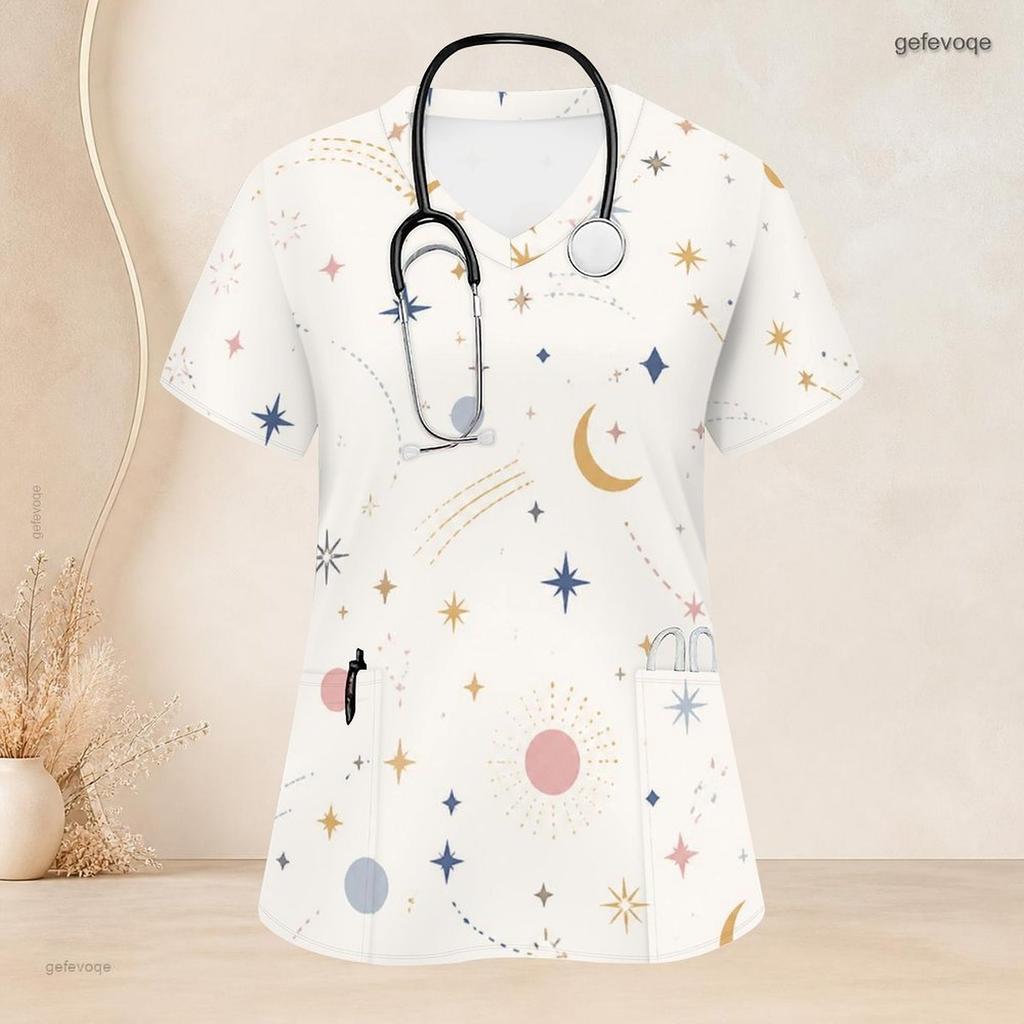 Women Plus Size V Neck Short Sleeve Scrub Top Boho Abstract Multicolor Heart Star Print Nurse Uniform Top