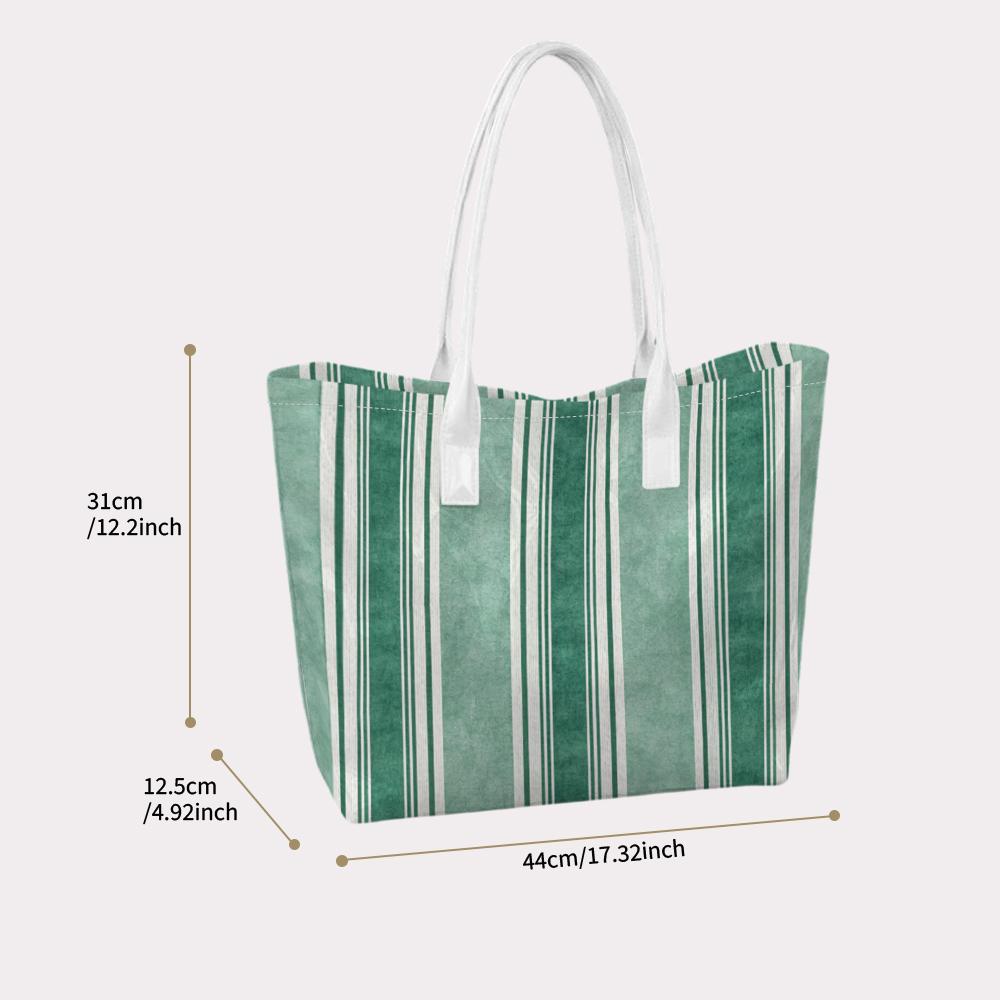 Green White Striped Tote Bag Large Capacity Daily Shoulder Handbag Casual Stylish Reusable Shopping Bag
