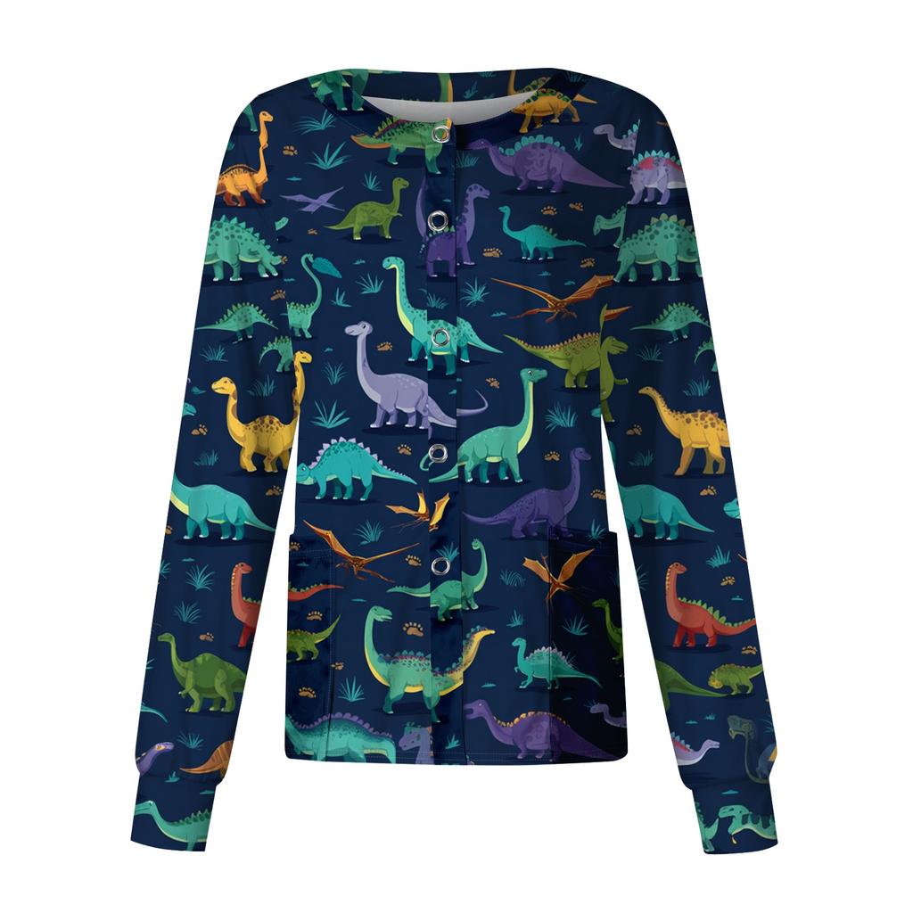 Women's Long Sleeve Top, Casual Uniform with Print, Single Pocket, Lightweight Work Shirt for