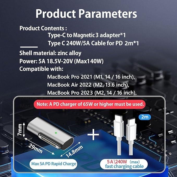 USB C to Magnetic 3 140W Charging Adapter Compatible with MacBook Pro 2023(M2,14/16 inch),Air 2022(M2),Pro 2021(M1,14/16 inch)