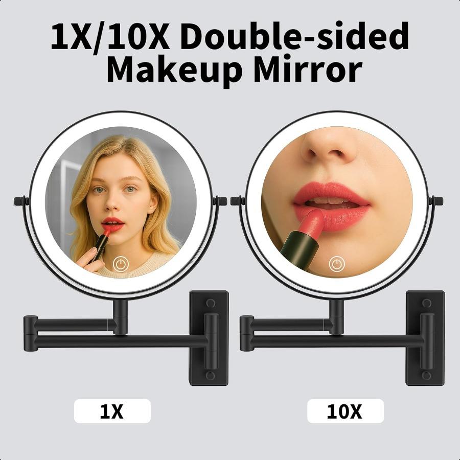 Rechargeable Wall Mounted Lighted Makeup Mirror Mounted Makeup Magnifying Mirror with Lights 10X LED Vanity Mirror Wall Mounted