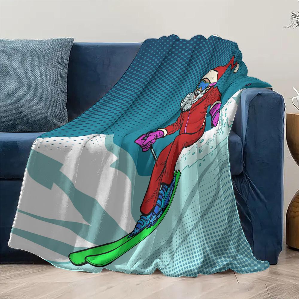 TU Skiing Santa Throw Blanket Cozy Christmas Gift Festive Winter Decor Holiday Home Bedding Comforter Reversible Warm Gift Idea