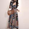 Vintage Print Shirt Dresses Women Elegant Single-Breasted Long Sleeve Lapel Belt Bow Long Robe