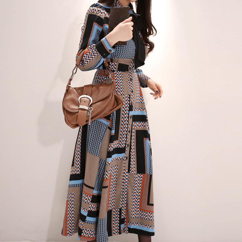 Vintage Print Shirt Dresses Women Elegant Single-Breasted Long Sleeve Lapel Belt Bow Long Robe