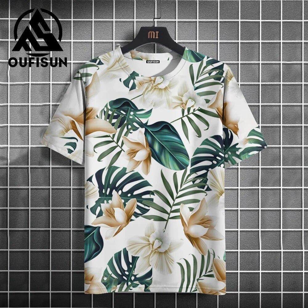 Letní ležérní pánské tričko s květinovým potiskem Denní oblečení do ulic Pohodlné tričko Oversized svetr do O-výstřihu Módní tričko pro muže