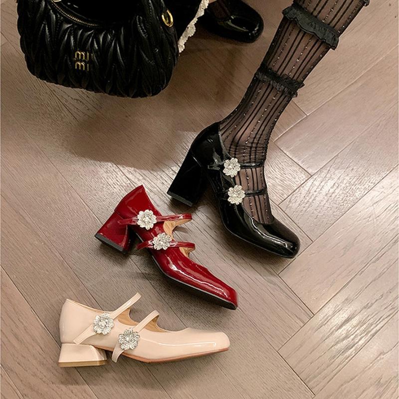 Fashion New women's genuine leather, cowhide, patent leather, round toe rhinestone flower belt buckle, high heels, Mary Jane shoes