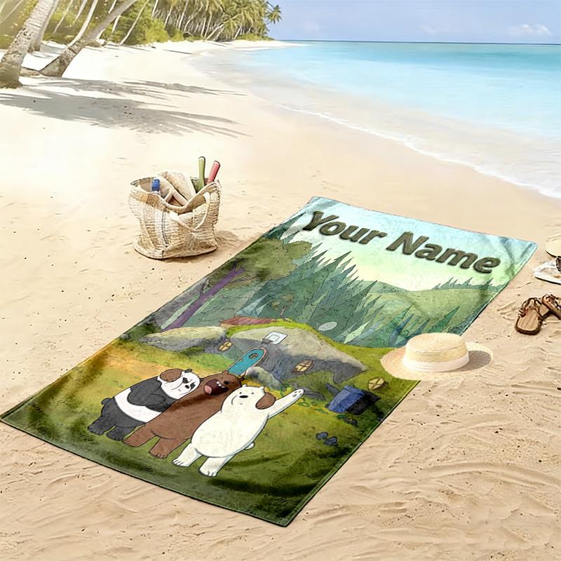 Name Custom We Bare Bears Print Beach Towel, Large Soft Quick Dry Towel for Beach Camping Swimming