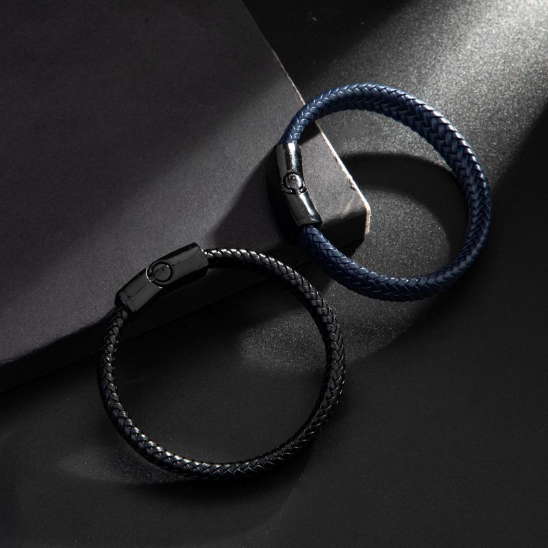 Popular Punk Style Black Woven Leather Bracelet with Personalized Magnetic Buckle and Fashionable Bracelet