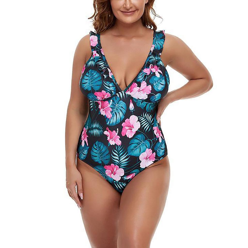 Slim Summer Fashion Printed Suspender With Fly One-Piece Large Swimsuit Female Bikini