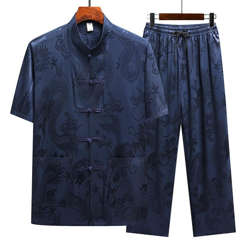 Completo Tang da Uomo Papà Anziano Manica Corta Estate Stile Cinese Dalong Jacquard Completo Tai Chi