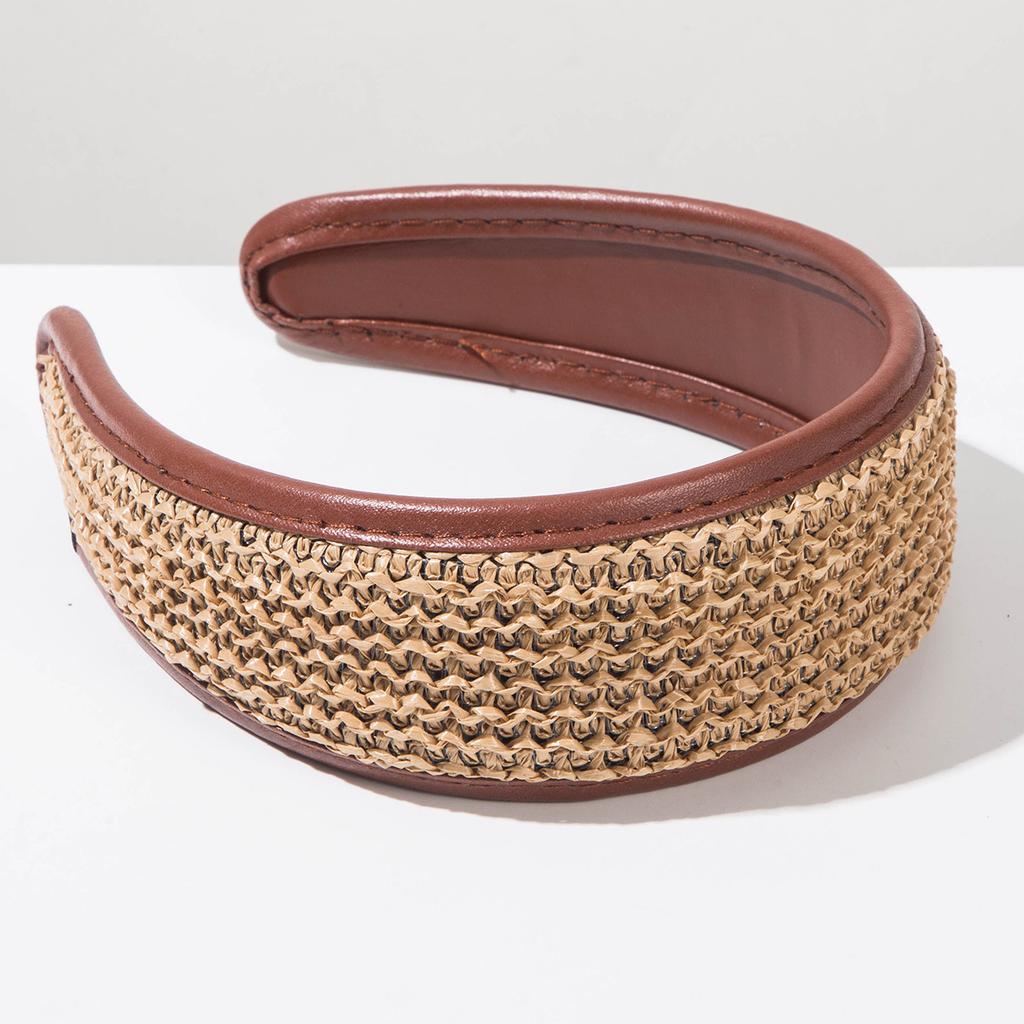 Fascia Estiva Intrecciata in Paglia Cerchietto per Capelli Bohemian con Texture in Rafia Fascia con Rifinitura in Pelle Copricapo Casual per le Vacanze Accessorio da Viaggio