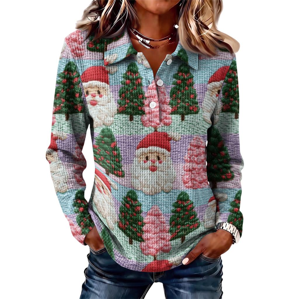 Women's Fashion Casual Button Front Long Sleeve Christmas Top with Collar