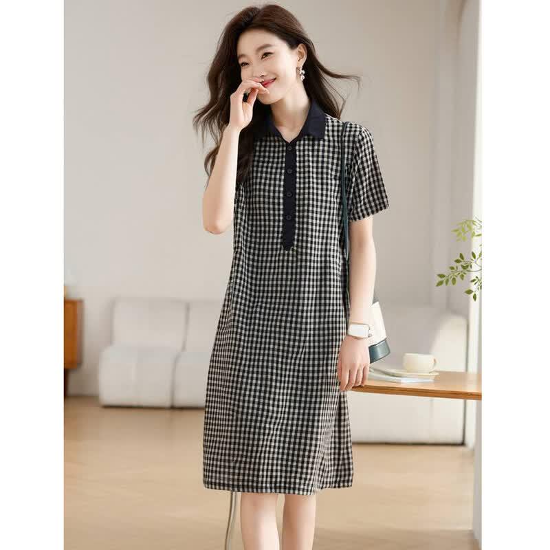 D.F.DEAR Women's Petite Plaid Patchwork Polo A-Line Dress