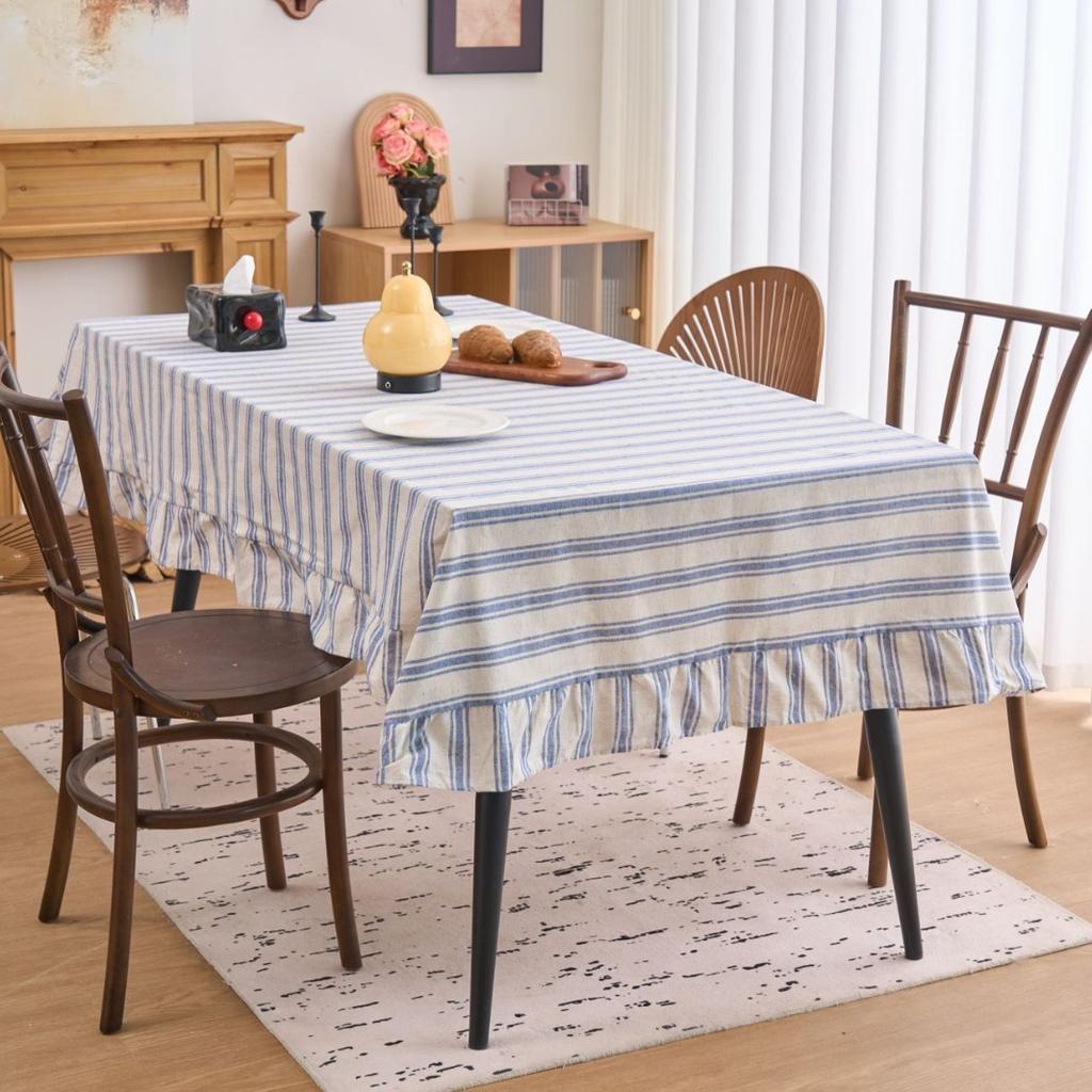 Tablecloth French Retro Striped Yarn-Dyed Cotton And Linen Ruffle Edge Striped Green Dining Table Living Room Fabric