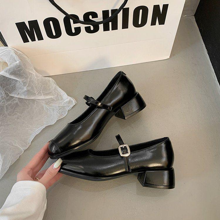 Women's Retro French Mary Jane Square Toe Leather Shoes, 2025 Spring/Autumn, Chunky Heel, Versatile Low-Cut for Skirts