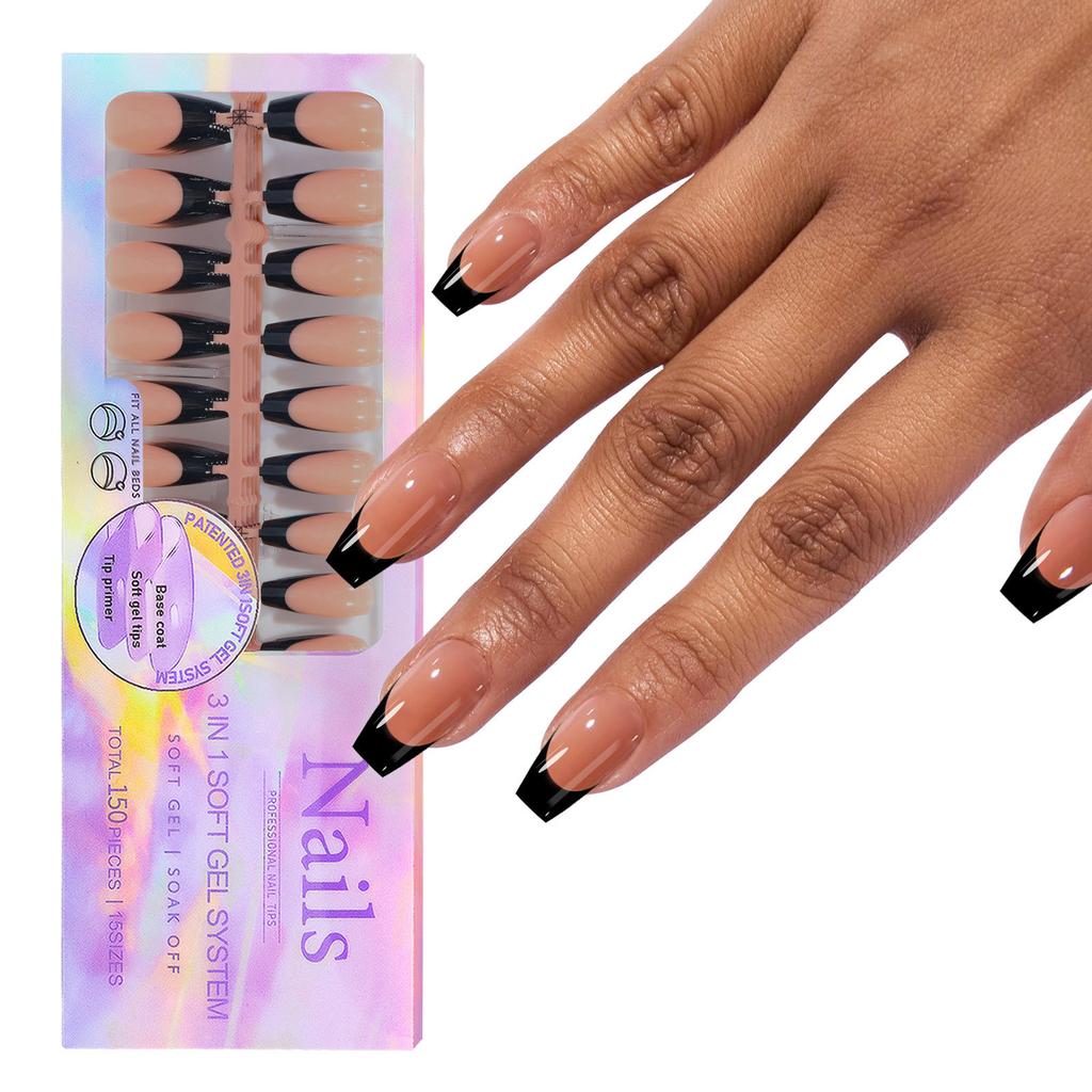 150Pcs Press On Nails Soft Gel False Nail Tips 3 In 1 Pre-Colored French Nails Fake Nails 14 Sizes for Nail Extension