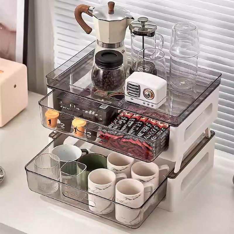 Coffee Table Dust-proof Cup Storage Box Plastic Multi-layer Transparent Storage Rack Drawer-type Office Storage File Storage