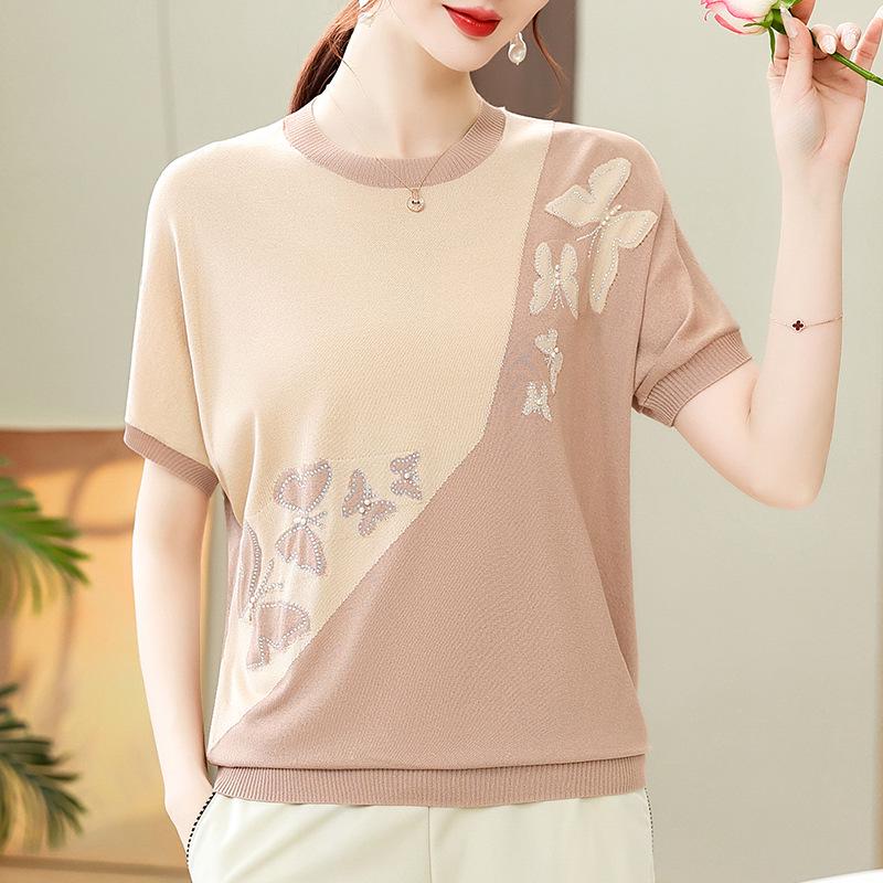 

Mom s Summer Ice Silk Short-Sleeve Knit Top for Middle-Aged Women L (for 80-100 jin) бежевий/верблюд