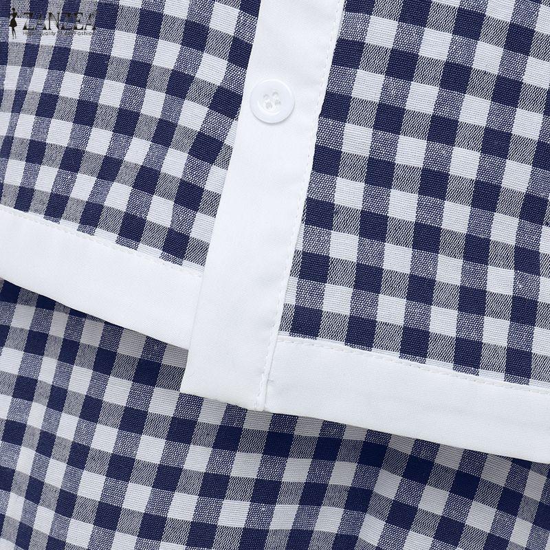 ZANZEA Women Plaid Print Casual Round Neck Short Sleeve Dress