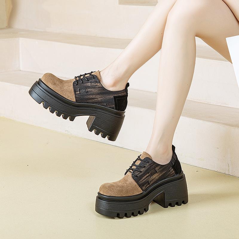 Korean Version of Derby Shoes Women's Shoes Spring 2025 New Round Head Platform Casual Shoes Women's High Heel Increased by 8.5 Cm