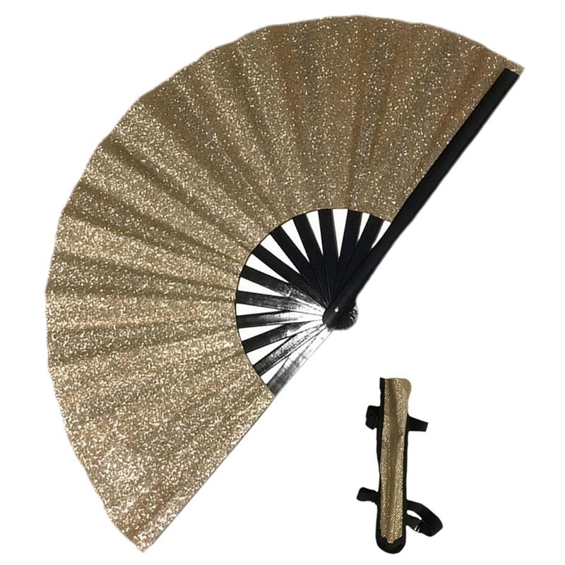 33Cm Glitter Hand Fan With Cover Bag Bamboo Bone Kung Fu Fan Large Foldable Festival Party Fan Dancing Fan For Party Supplies