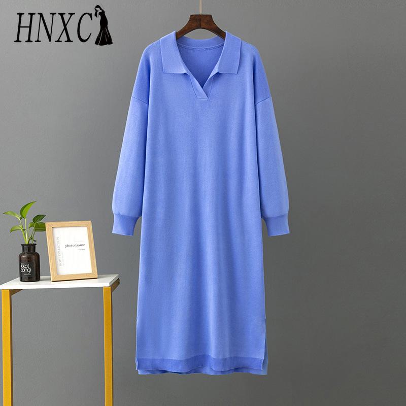HNXC Rochii de toamnă-iarnă tricotate largi pentru femei, cu guler polo de culoare solidă, cu căptușeală