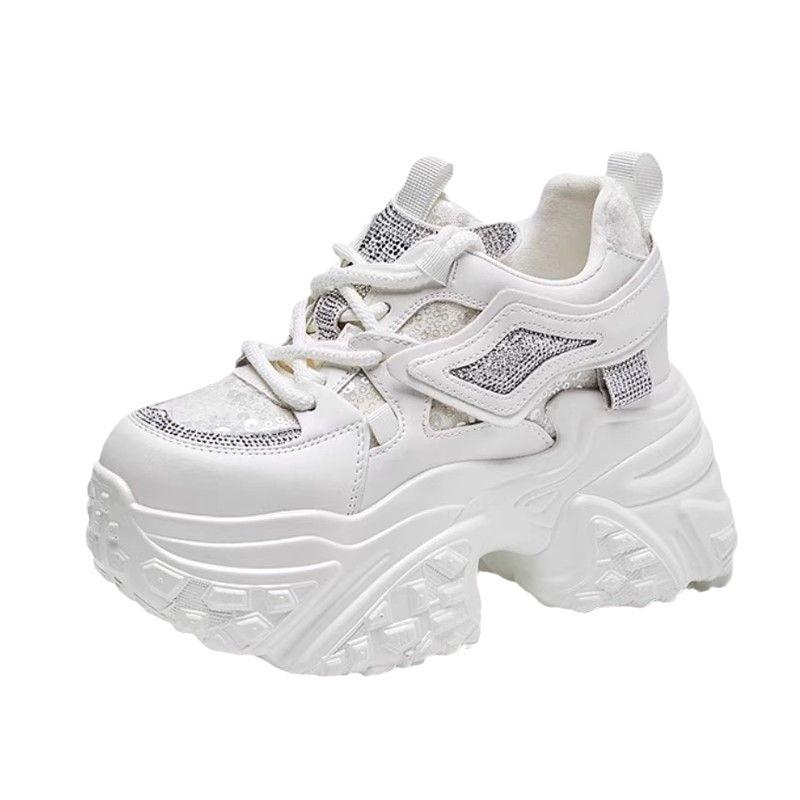 Rhinestone Decorated Thick Soled Leather Sneakers for Women Autumn Winter Height Increasing Versatile Casual Sports Walking Shoes