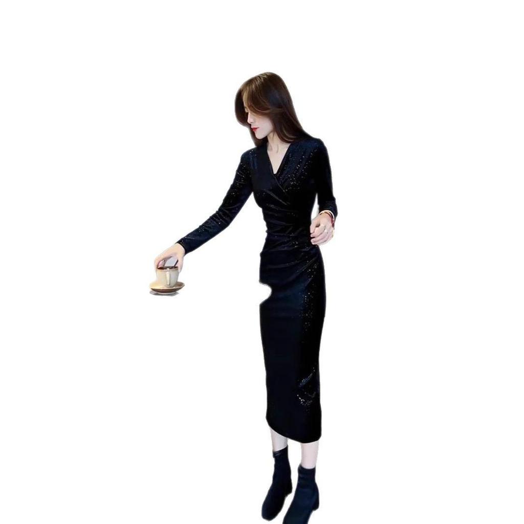 Rochie Hepburn cu paiete din catifea neagră cu decolteu în V, care subțiază - Toamnă, lungime medie, cu mâneci lungi, croială slim