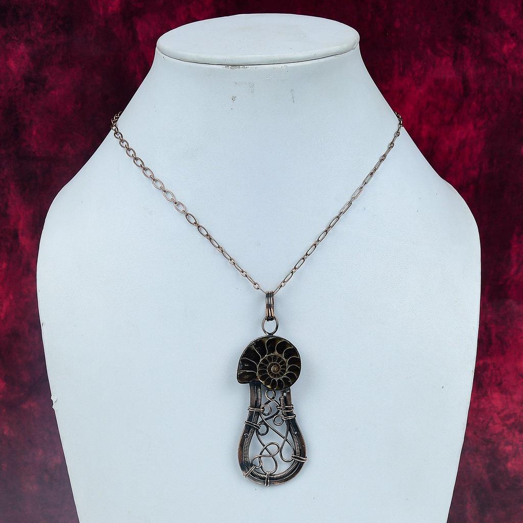 Ammonite Fossil Gemstone Pendant Handmade Copper Wire Wrapped Designer Jewelry
