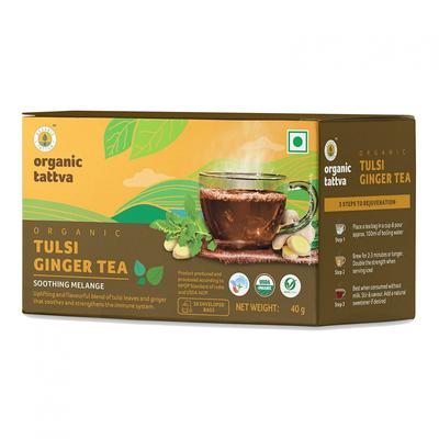 Green Tea with Ginger and Tulsi (20 Pack, 2 G), Organic Tulsi Ginger Tea, Organic Tattva