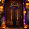 Reusable Holiday Hanging Sign Halloween Broom Parking with 3 Pcs Wooden Witches Brooms, Hocus Pocus Door Themed for Indoor Outdoor Home Wall