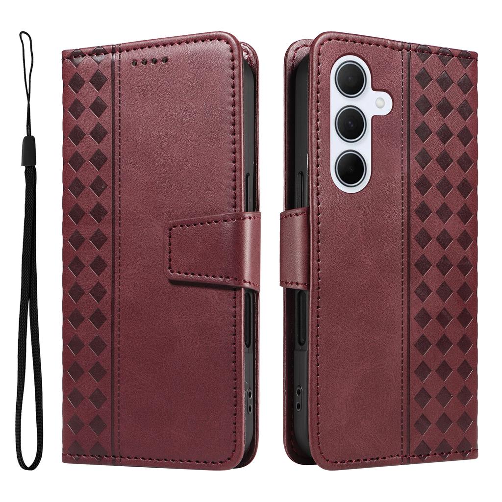 For Samsung Galaxy A55 5G Leather Case Wallet Stand Grids Imprinted Phone Cover with Strap