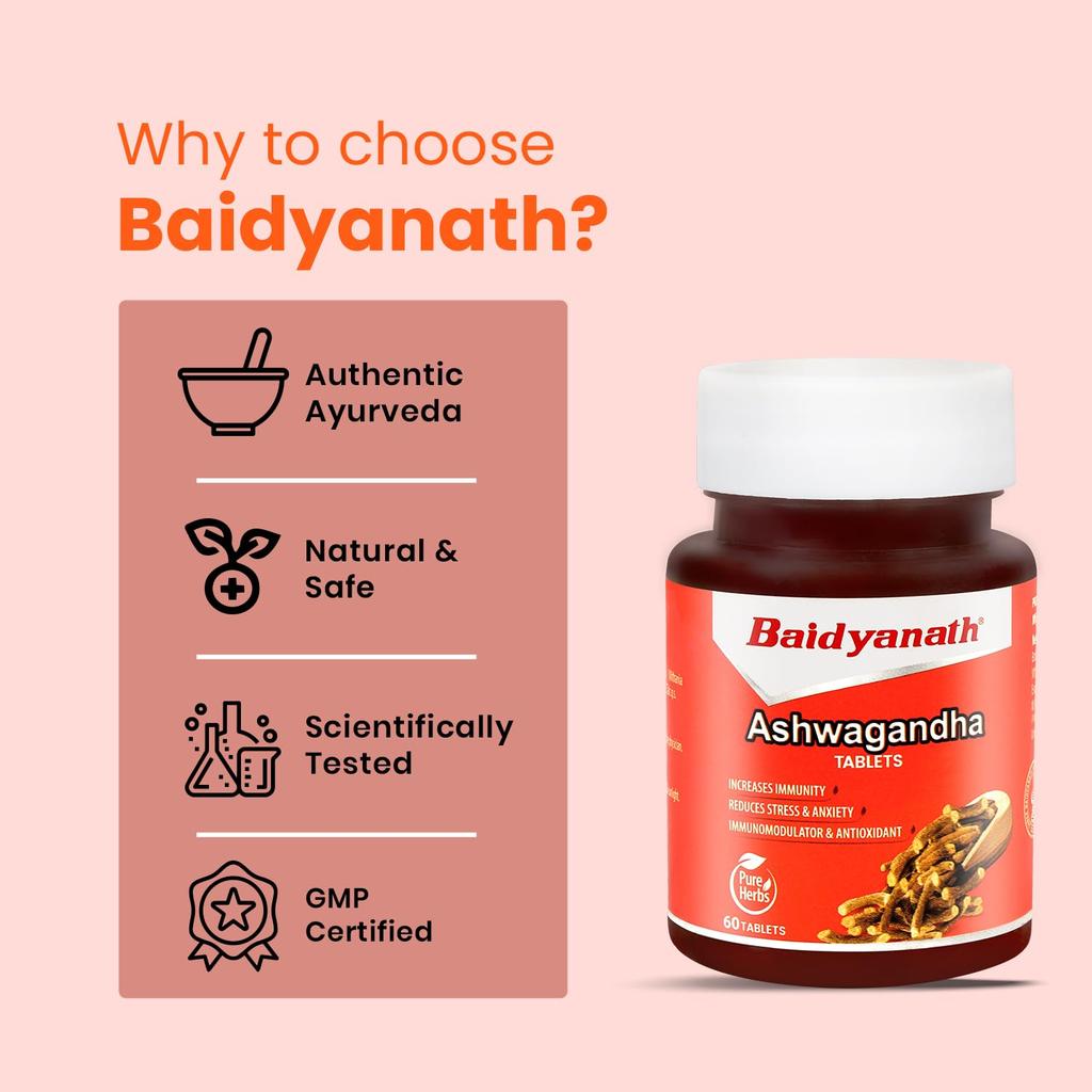 Baidyanath Ashwagandha Tablets 60  for Daily Wellness Stress Relief and Energy Boost
