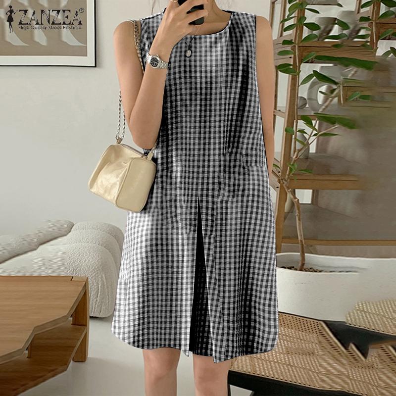 ZANZEA Women Casual Round Neck Grid Print Sleeveless Dress