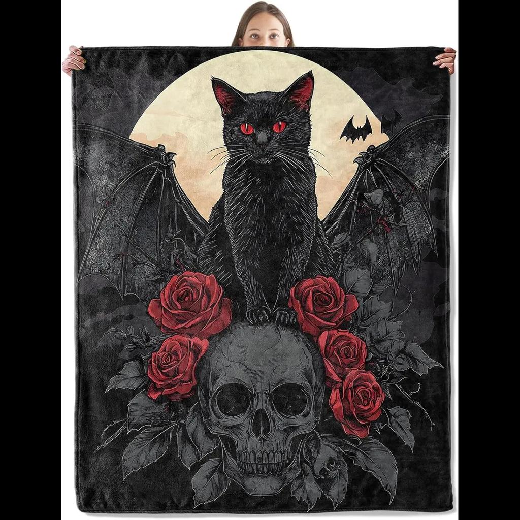 Gothic Black Cat Throw Blanket Soft Plush Flannel for Couch Bedroom Outdoor Travel Perfect Gifts for Her Him Pet Lovers