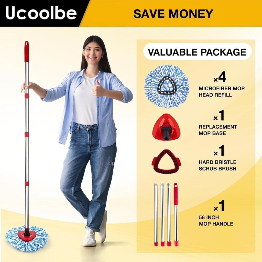 Spin Mop Replacement Head for O Cedar 2 Tank RinseClean, 4 Microfiber Mop Refill, 1 Scrub Brush, 1 Mop Stick, 1 Mops Base, Deep Cleaning