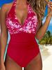 European & American Black Halterneck One-Piece Swimsuit - Pleated Waist Slimming Design