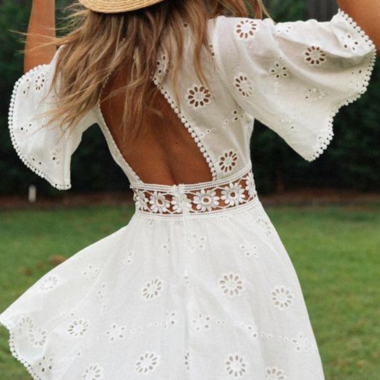 Women Summer Dress Backless Hollow Out Flower Applique   A Line Loose Hem Pleated Cutout Waist Half Sleeve Patchwork Lady Dating Prom Mini Dress
